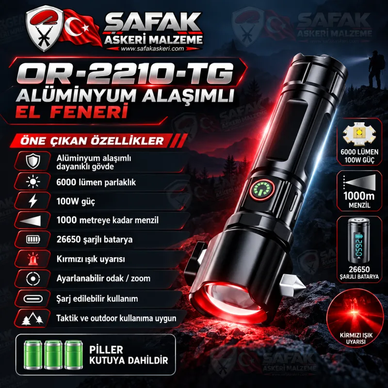 OR-2210-TG 100W 6000 Lümen Şarjlı Taktik LED El Feneri – 1000 Metre Menzil, Alüminyum Gövde, Zoomlu ve Kırmızı Uyarı Işıklı