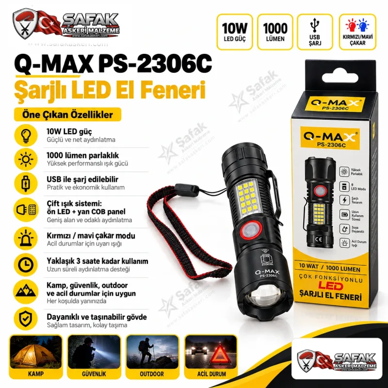 Q-MAX PS-2306C 10W 1000 Lümen USB Şarjlı LED El Feneri – COB Işıklı, Zoomlu ve Çok Fonksiyonlu