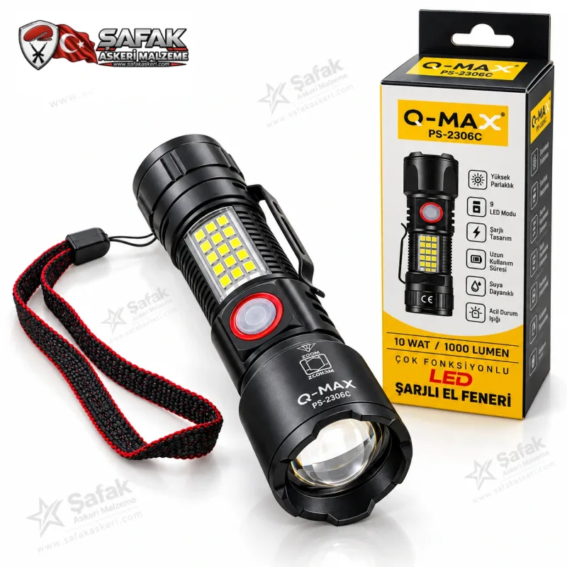 Q-MAX PS-2306C 10W 1000 Lümen USB Şarjlı LED El Feneri – COB Işıklı, Zoomlu ve Çok Fonksiyonlu