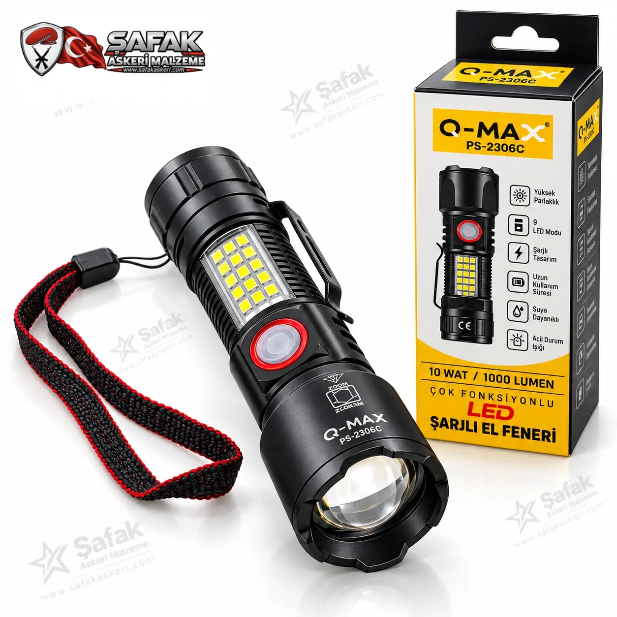 Q-MAX PS-2306C 10W 1000 Lümen USB Şarjlı LED El Feneri – COB Işıklı, Zoomlu ve Çok Fonksiyonlu