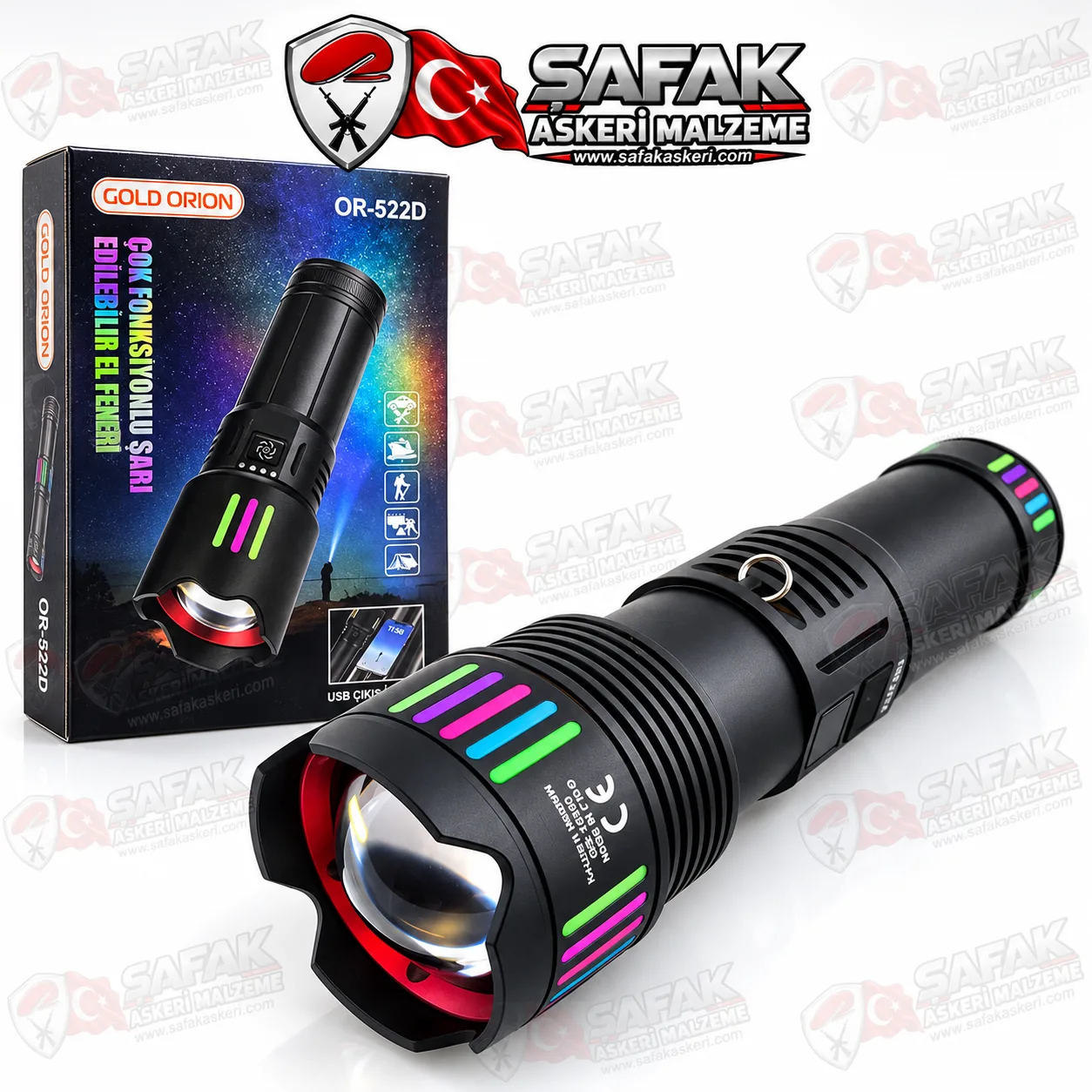Gold Orion OR-522D 100W 9000 mAh Şarjlı LED El Feneri – 4 Modlu, USB Powerbank Özellikli, Çok Fonksiyonlu Taktik Fener