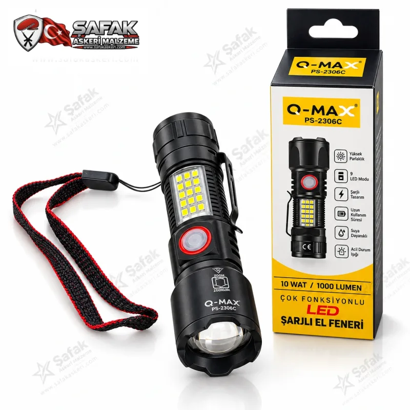 Q-MAX PS-2306C 10W 1000 Lümen USB Şarjlı LED El Feneri – COB Işıklı, Zoomlu ve Çok Fonksiyonlu