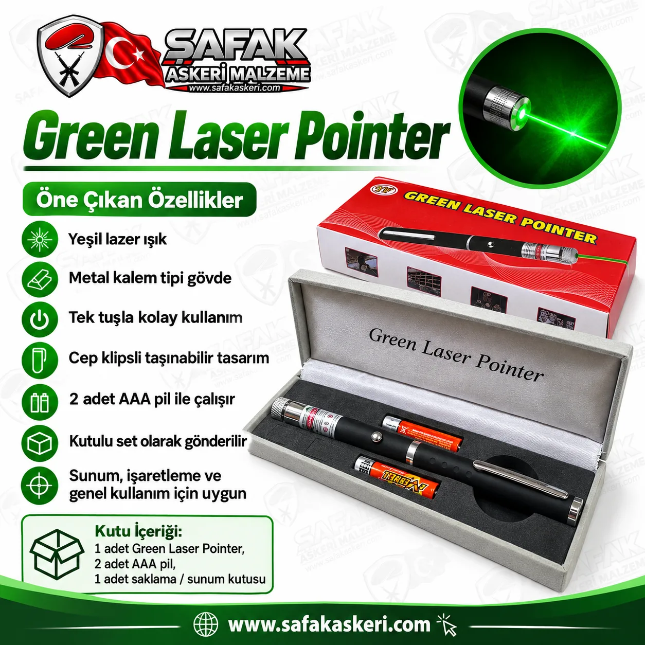 Green Laser Pointer Yeşil Lazer Kalem – Güçlü Yeşil Işık, Metal Gövde, Kalem Tipi, Kutulu ve Pilli