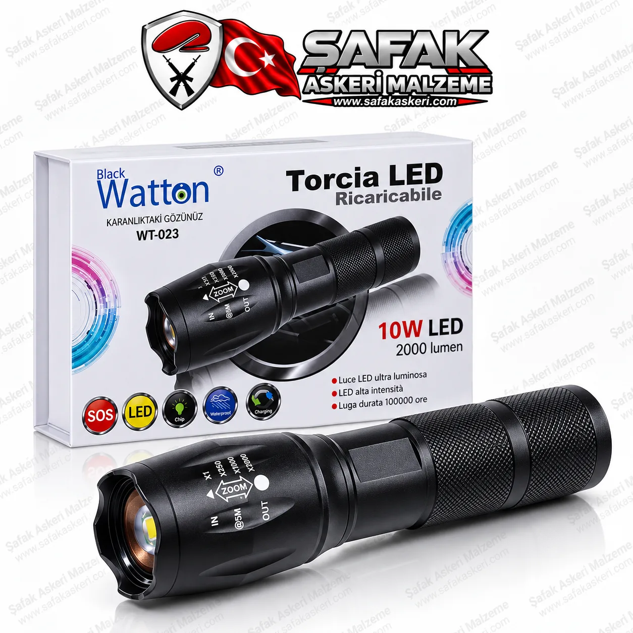Watton Black WT-023 Şarjlı LED El Feneri – 10W, 2000 Lümen, Zoomlu, 5 Modlu, Uzun Menzilli Profesyonel Fener