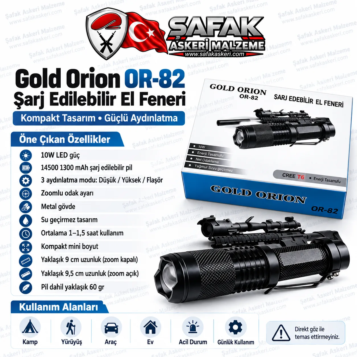 Gold Orion OR-82 Mini Şarjlı LED El Feneri – 10W CREE T6, 14500 1300 mAh Pil, Zoomlu, 3 Modlu, Metal Gövde