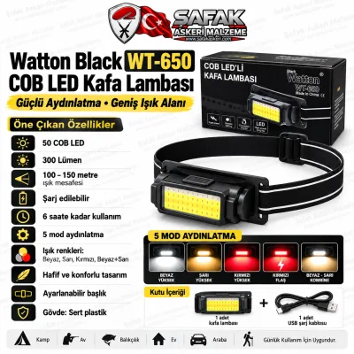 Watton WT-650 50 COB LED Şarjlı Kafa Lambası – 300 Lümen, 5 Modlu, Beyaz Sarı Kırmızı Işıklı Kafa Feneri