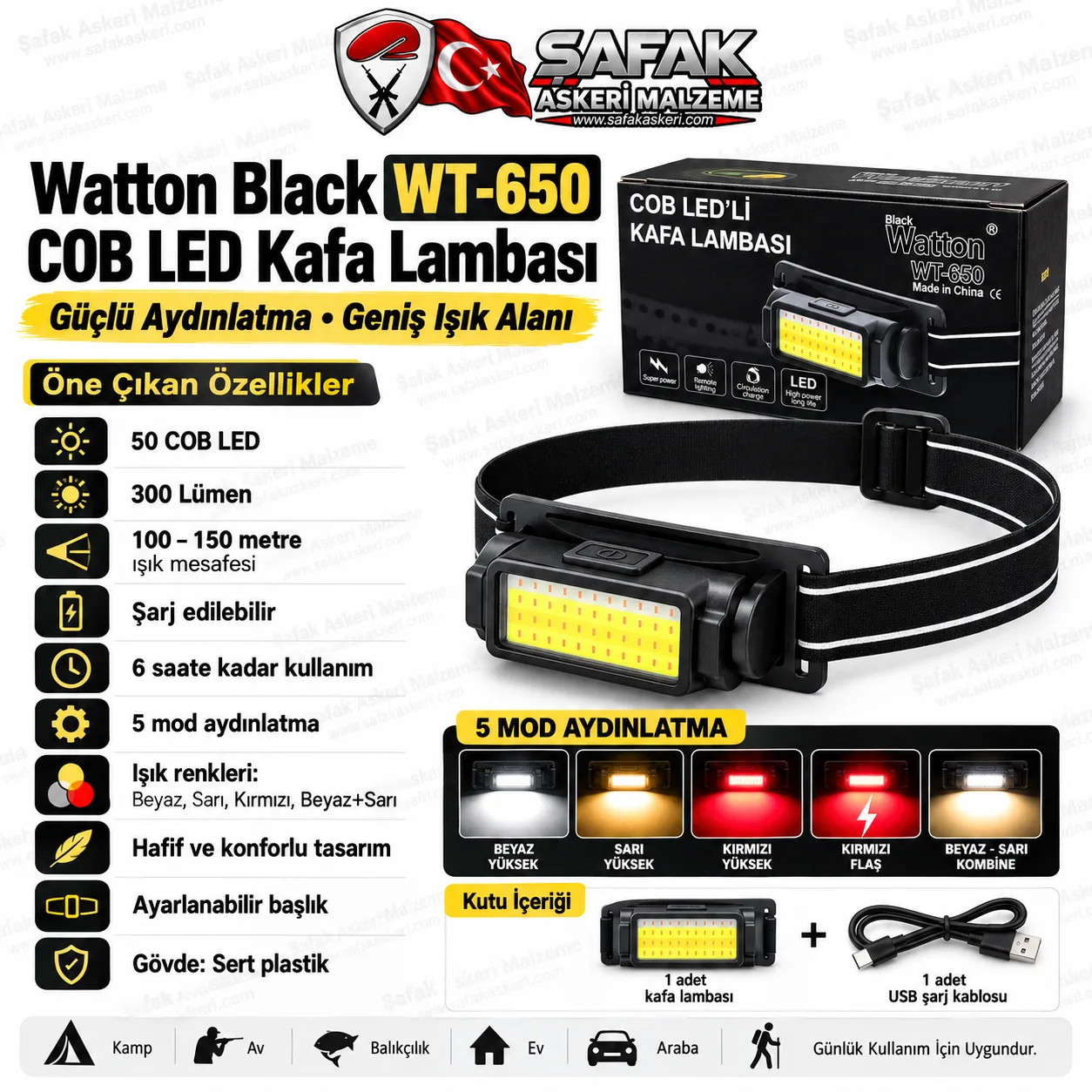 Watton WT-650 50 COB LED Şarjlı Kafa Lambası – 300 Lümen, 5 Modlu, Beyaz Sarı Kırmızı Işıklı Kafa Feneri