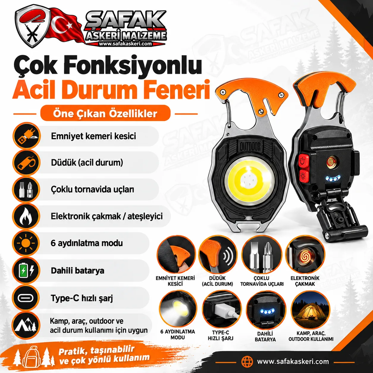 Çok Fonksiyonlu Acil Durum Feneri – Type-C Şarjlı COB LED, Emniyet Kemeri Kesici, Düdük, Çakmak ve Tornavidalı