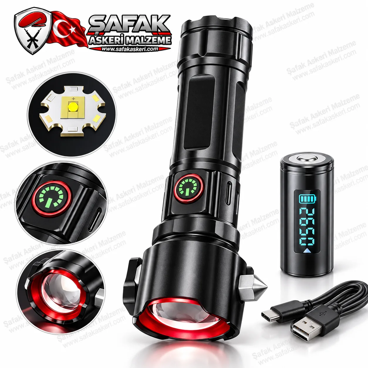 OR-2210-TG 100W 6000 Lümen Şarjlı Taktik LED El Feneri – 1000 Metre Menzil, Alüminyum Gövde, Zoomlu ve Kırmızı Uyarı Işıklı