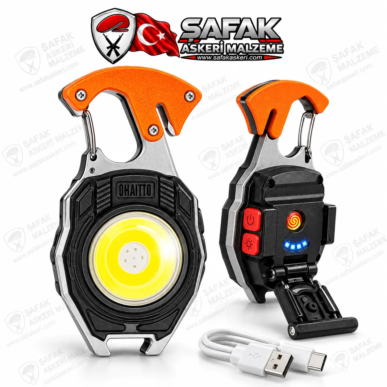 Çok Fonksiyonlu Acil Durum Feneri – Type-C Şarjlı COB LED, Emniyet Kemeri Kesici, Düdük, Çakmak ve Tornavidalı