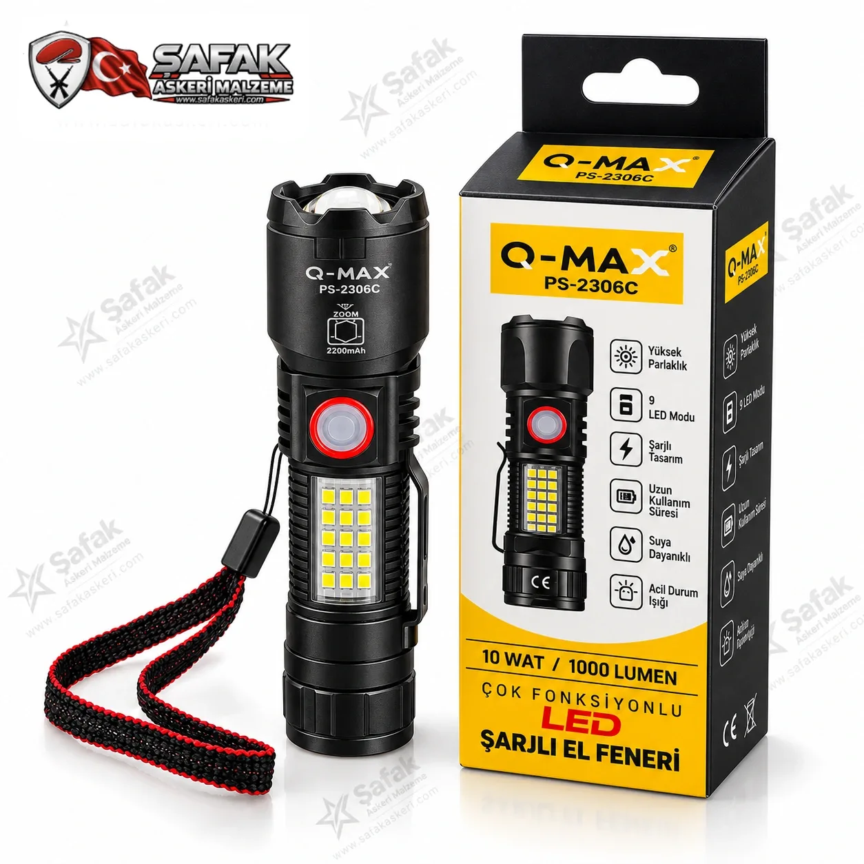 Q-MAX PS-2306C 10W 1000 Lümen USB Şarjlı LED El Feneri – COB Işıklı, Zoomlu ve Çok Fonksiyonlu