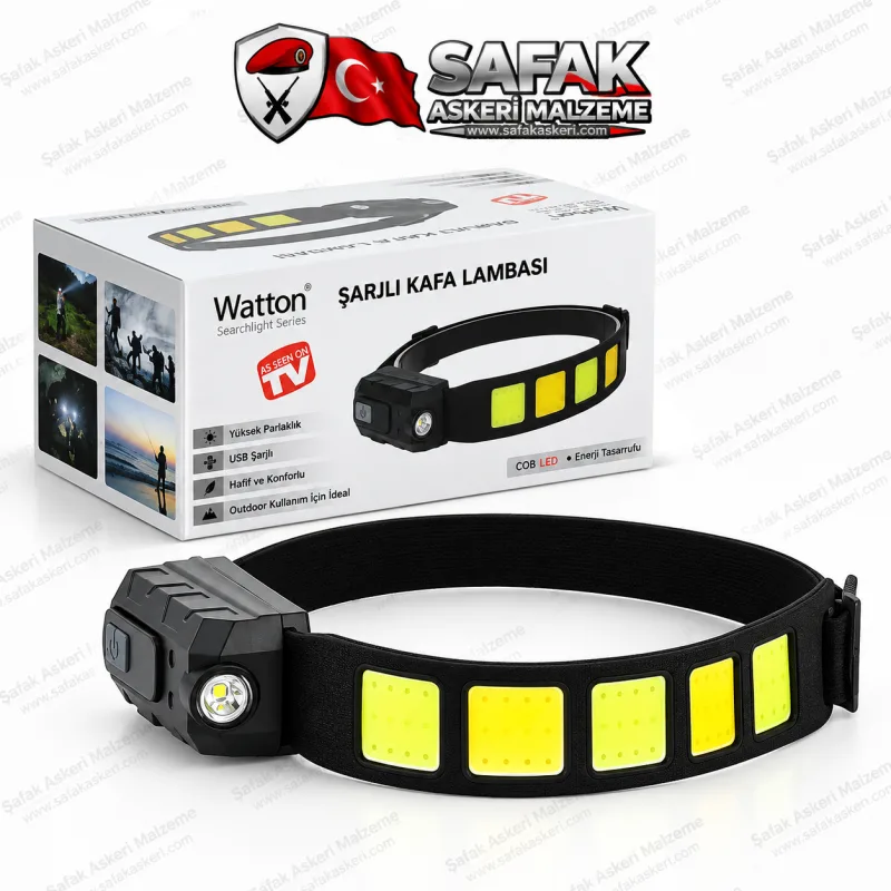 Watton Şarjlı COB LED Kafa Lambası – Geniş Açılı Aydınlatma, Ayarlanabilir Kafa Feneri