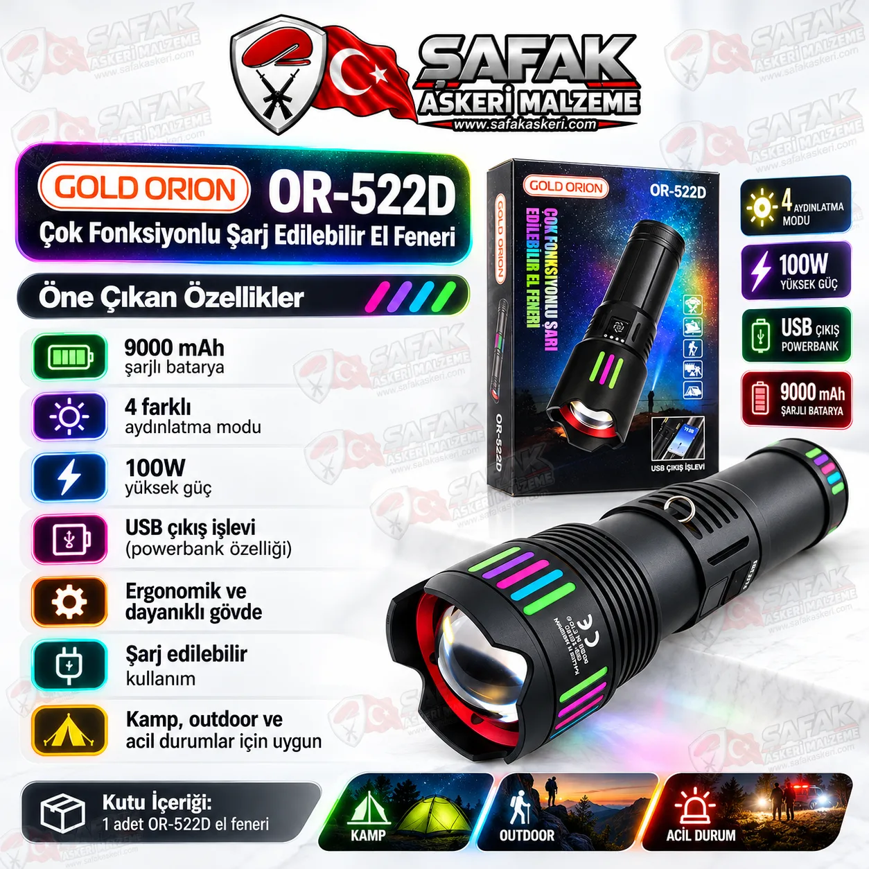Gold Orion OR-522D 100W 9000 mAh Şarjlı LED El Feneri – 4 Modlu, USB Powerbank Özellikli, Çok Fonksiyonlu Taktik Fener