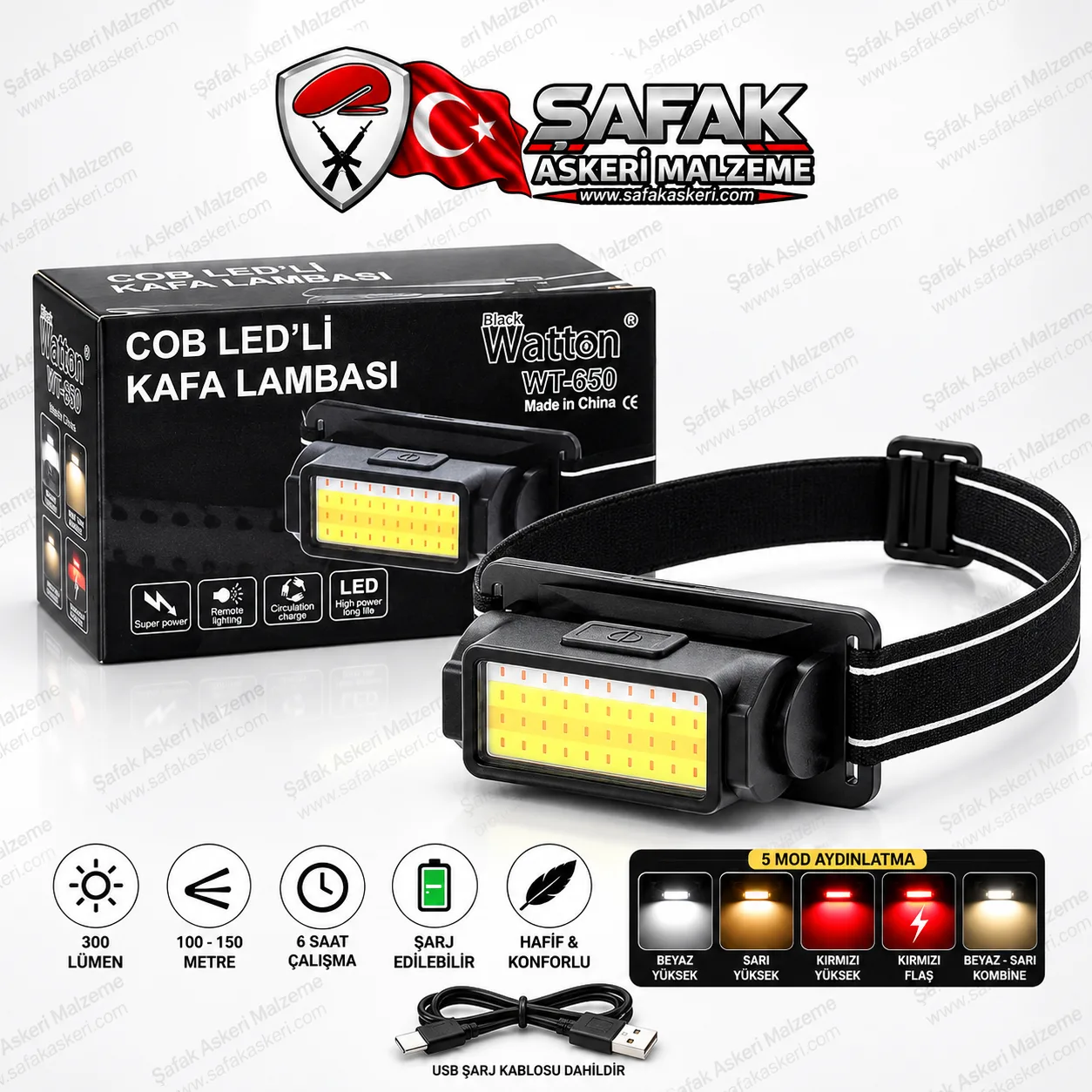 Watton WT-650 50 COB LED Şarjlı Kafa Lambası – 300 Lümen, 5 Modlu, Beyaz Sarı Kırmızı Işıklı Kafa Feneri